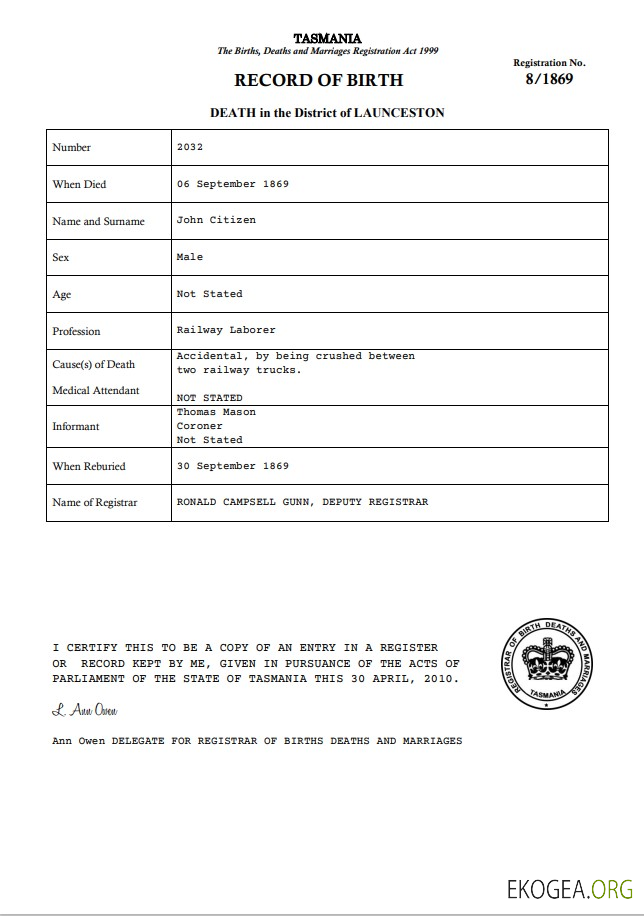 Modèle de certificat de décès Australie Tasmanie dans Word